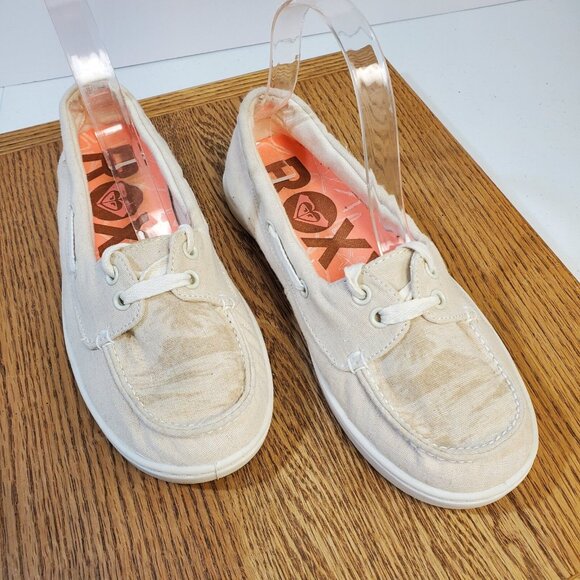 Roxy Skooner Slip On Comfort Shoes Women Size 6.5 Ivory Pink Canvas Lace Up - Picture 1 of 8